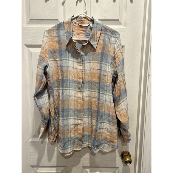 Soft Surroundings Women Top Sz Large Blue Yellow Harvest Linen Plaid Button Down - Picture 1 of 10